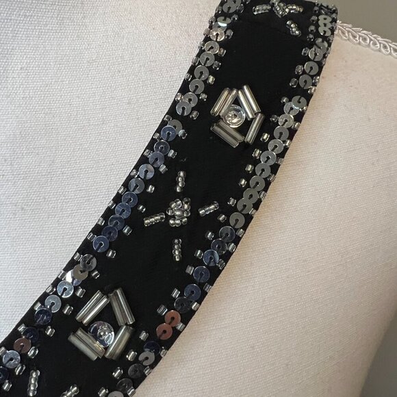 Betsy & Adam Black Sequined Front cross Cut Out Gown, Size 10 - Picture 3 of 16